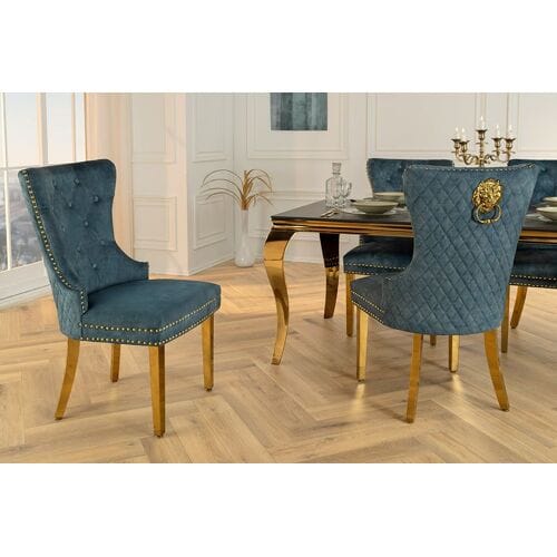 Deluxe eetkamerstoel petrol blauw gouden poten