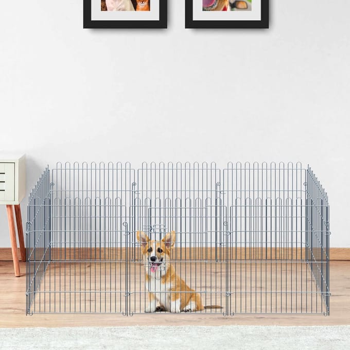 MODFU - Puppyren - Veilig Afsluitbaar - Voor Buiten - Staal - Zilver - 8 Panelen 63 X 76 Cm