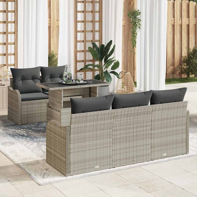 vidaXL Tuinbank Set met kussen met kussen 6 pcs Lichtgrijs Poly Riet
