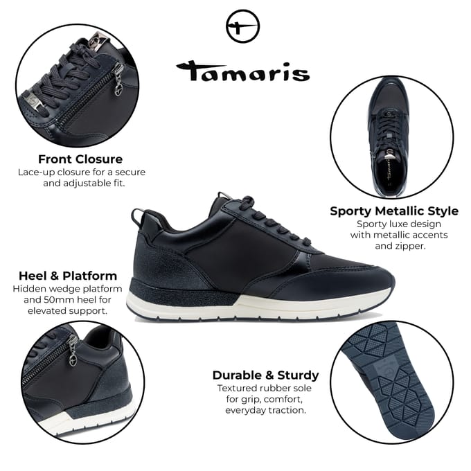 Tamaris Dames Marineblauwe Mode Veterschoenen met Rits