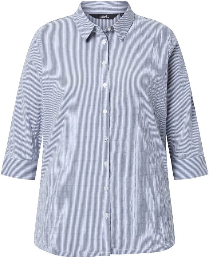 Ulla Popken - Dames - Overhemdblouse strepen bubble-structuur 3/4-mouwen - Marine - Maat 58+