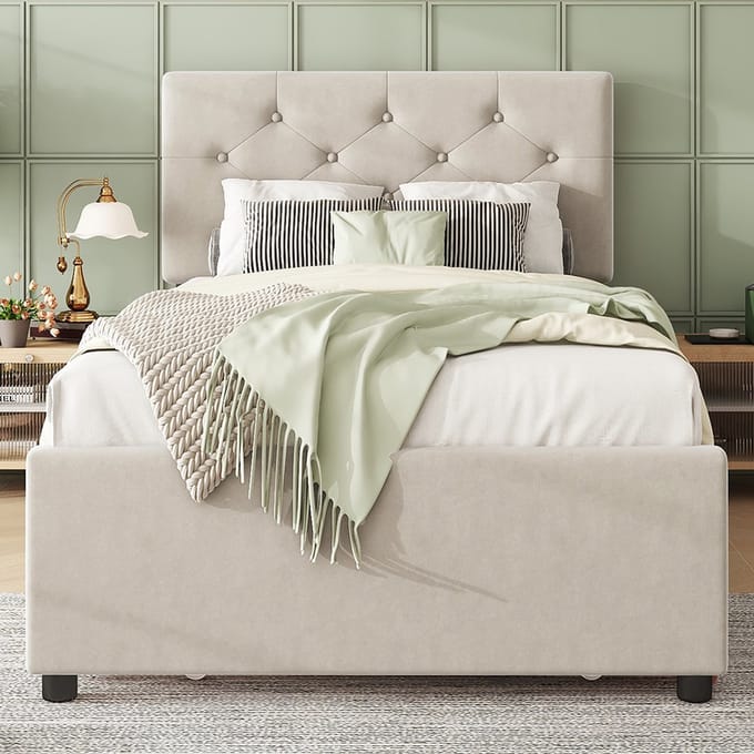 KOMHTOM Kinderbed Eenpersoonsbed 90 x 200 cm met onderschuifbed Fluweel Beige