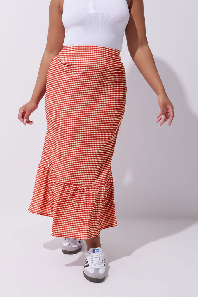 Limited Collection Maxi Rok Met Gingham Ruit En Ruchezoom In Rood Size 46