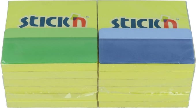 Stick'n Memoblok - 76x76mm - Neon Geel - 1200 Memoblaadjes - 24 Index Tabs - 76x38mm