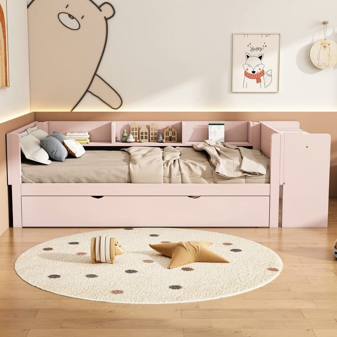 VVBV Eenpersoonsbed 90x200 cm met Planken, Uitschuifbed - Bureau - Roze