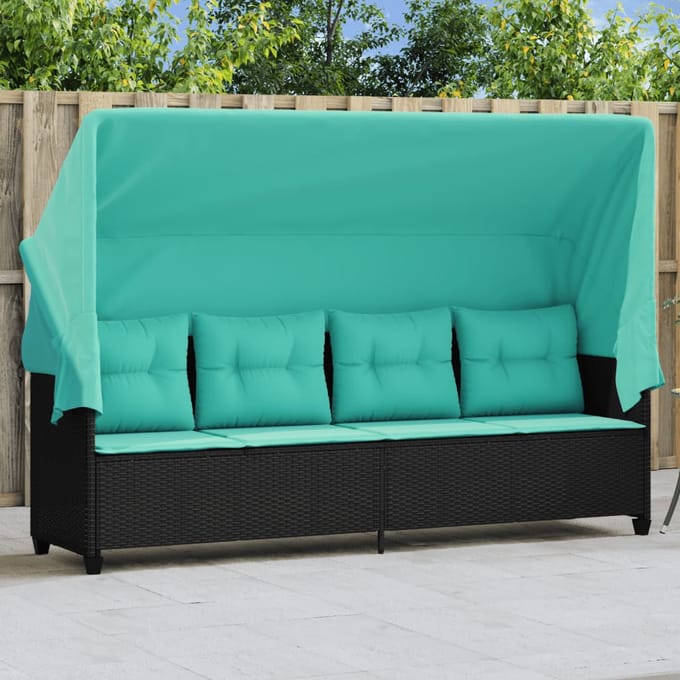vidaXL - Ligbed - met - luifel - en - kussens - poly - rattan - zwart