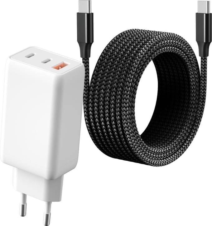 Usb C Adapter 3 Poorten + usb C naar usb C Kabel - GaN 65w Snellader usb-C - 3 Meter Lang - Usb C Stekker Lader Oplader