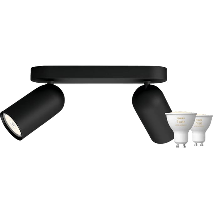 Philips Pongee opbouwspot - 2 spots - zwart + Philips Hue White Ambiance GU10 (2x)