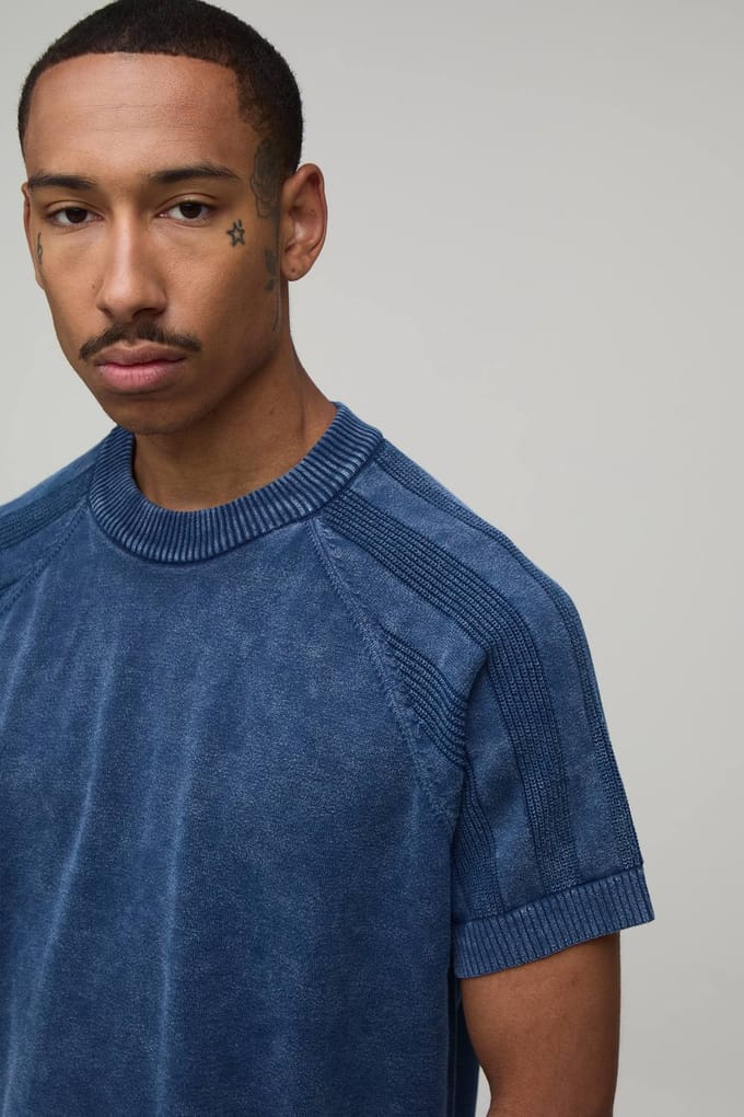 Boxy Fit Acid Wash Geribbeld Gebreid T-shirt | Blue | Size Medium