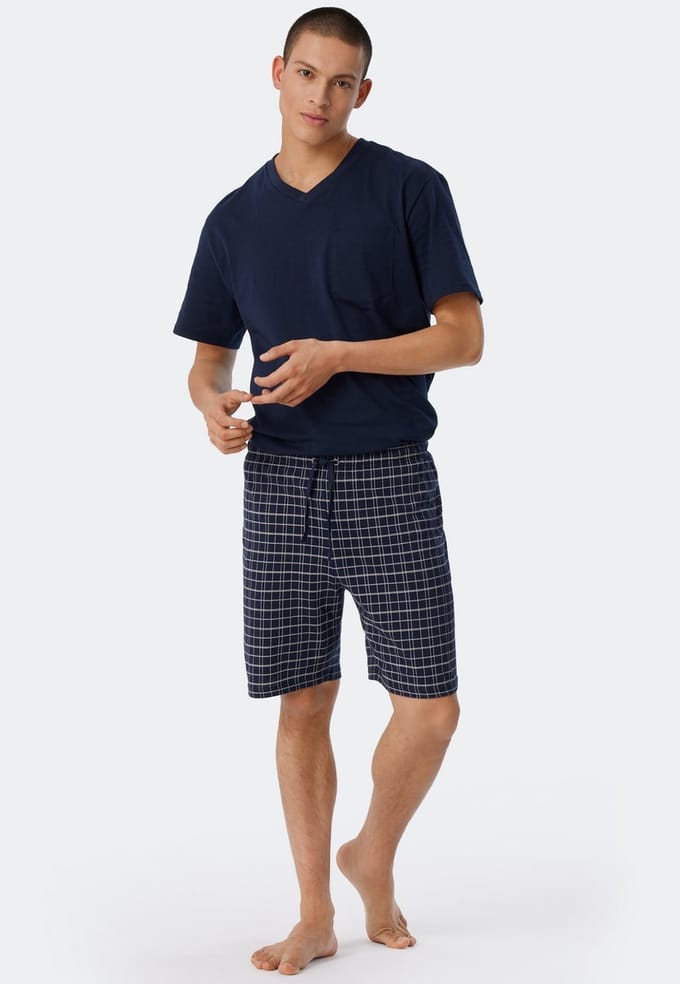 SCHIESSER Ebony shortamaset - heren shortama jersey v-hals - blauw