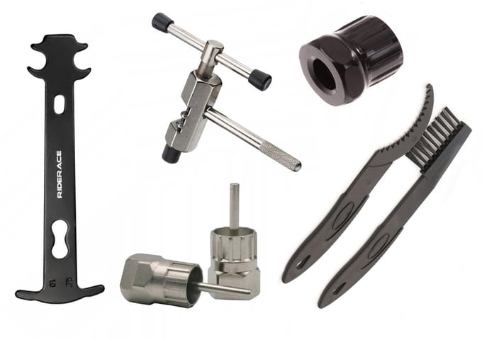 Fiets gereedschapset: cassette, vriewiel, ketting, borstels & meter