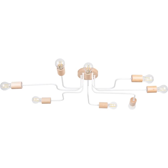 Kroonluchter TIMBO 8 met 8 armen en houten details - Sollux Lighting - IP20 - Wit/natuurlijk hout staal/hout behuizing - 100 x 60 x 16.5 cm - 8 x E27 LED, exclusief lichtbron - 8 x 15 W - Industriële kroonluchter voor gang, hal en keuken