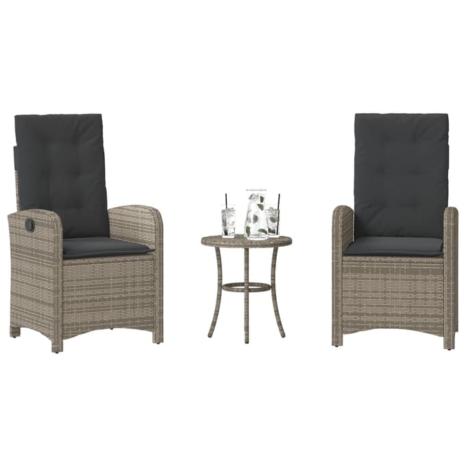 vidaXL - 3-delige - Bistroset - met - kussens - poly - rattan - grijs