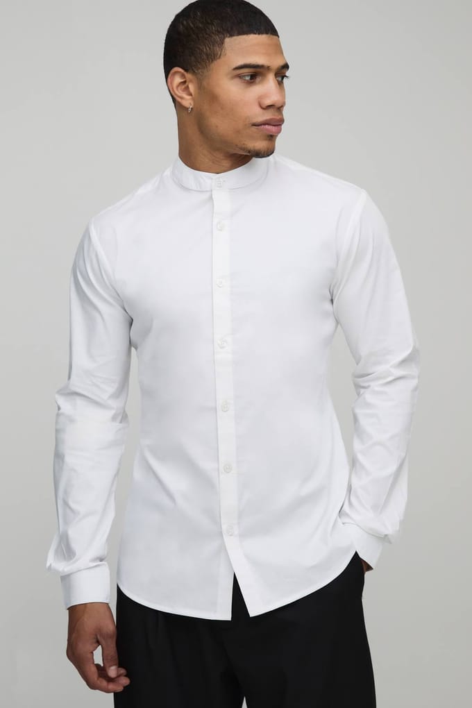 Slim Fit Overhemd met Staande Kraag van Katoen | White | Size Medium