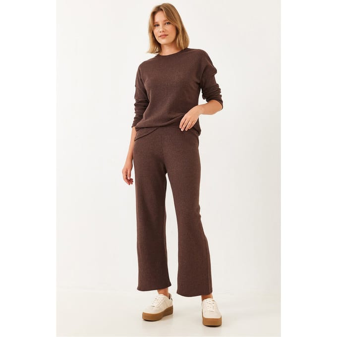 Geribbelde Textuur Crewneck Trui en Broek Set