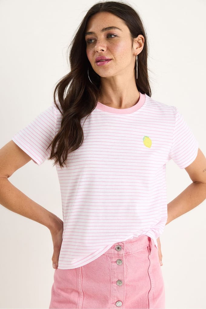 Gestreept Geborduurd Katoenen T-Shirt