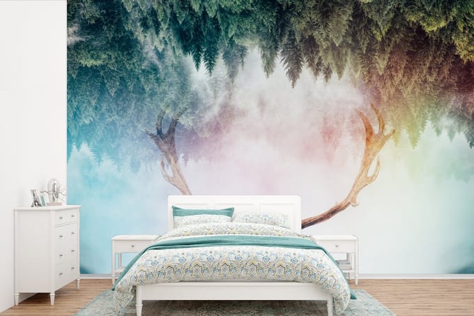 Behang - Fotobehang Hert - Gewei - Bos - Mist - Breedte 330 cm x hoogte 220 cm