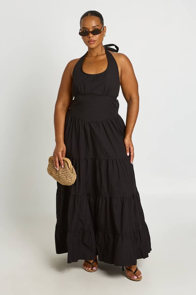 boohoo Dames Plus Halternek Popeline Maxi Jurk | Zwart | Maat: 48