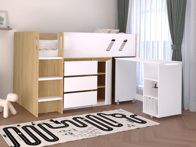 Vente-unique Combinatiebed hout natuurlijk licht, wit 90 x 190 cm