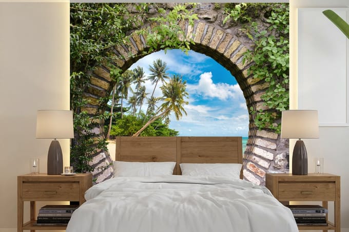 Behang - Fotobehang Strand - Palmboom - Doorkijk - Kano - Breedte 280 cm x hoogte 280 cm
