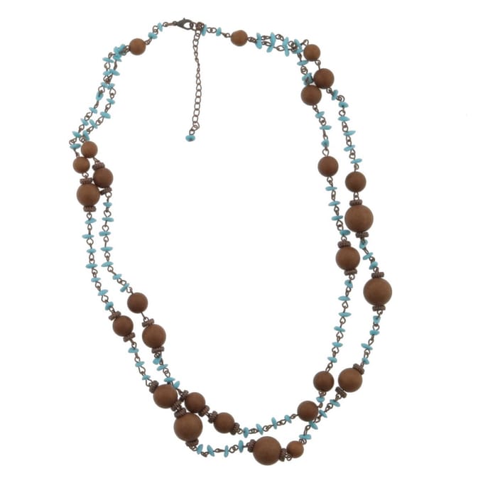 Behave ketting - lange kralen ketting - bruin blauw - 2-laags - 65 cm