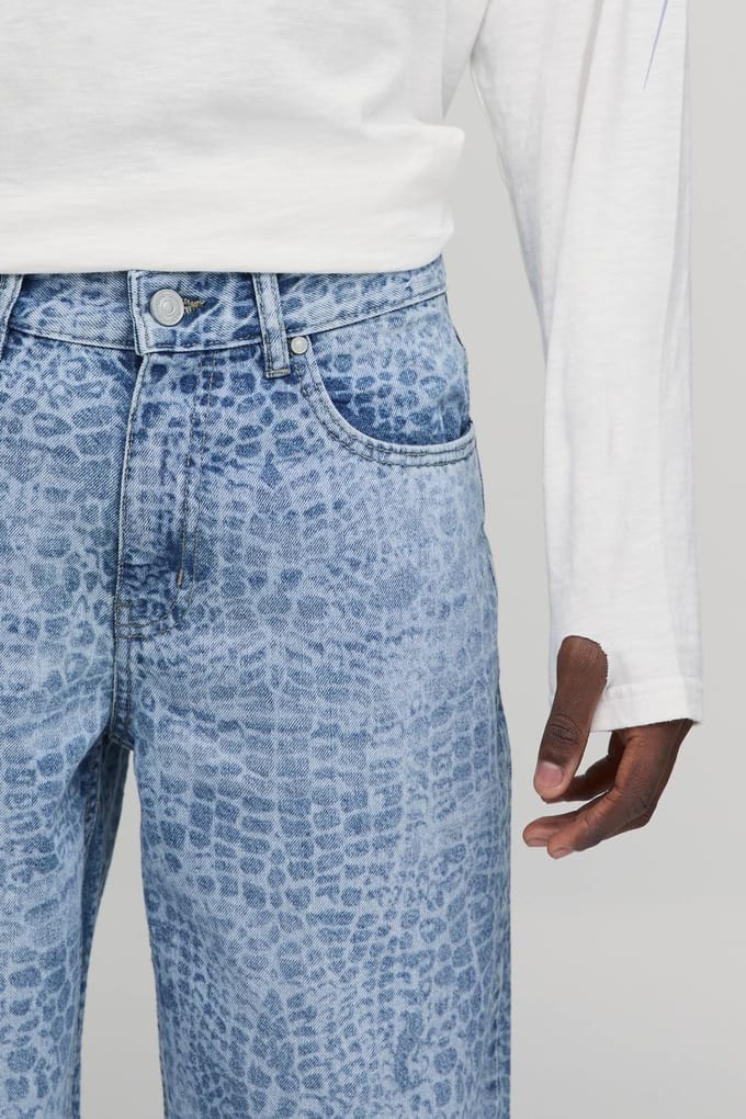 Croc Print Relaxed Fit Jeans | Mid Blue | Size 48