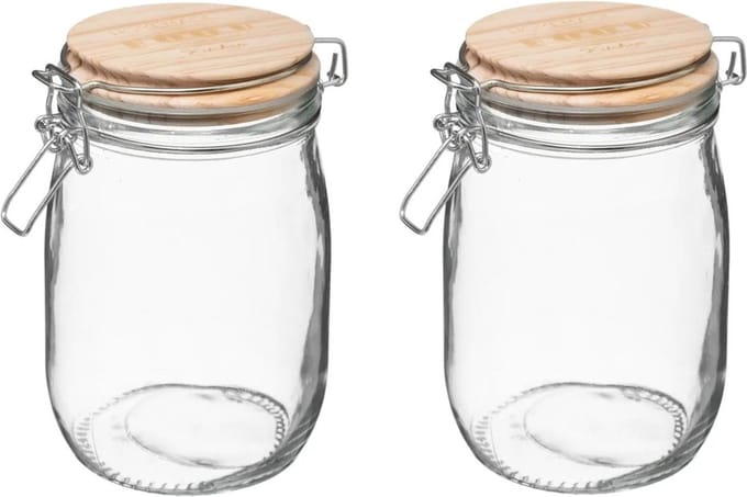 5Five Weckpot/voorraadpot - 2x stuks - 1L glas - houten deksel en beugelsluiting - luchtdichte afsluiting