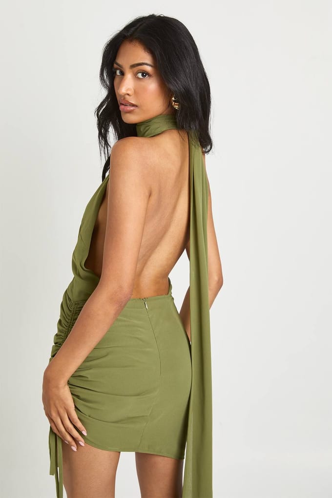 boohoo Dames Chiffon Halterneck Minijurk | Olive | Maat: 14