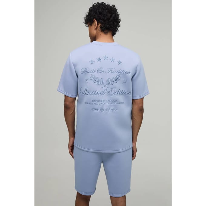 Embroidered Limited Edition Regular Fit Bonded Scuba T-Shirt & Slim Pintuck Short Set | Dusty Blue | Size Medium