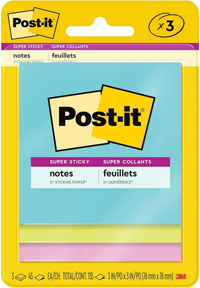 Post-it Super Sticky Notities 3" x 3", Miami Collection, 3 Pads met 45 Vellen