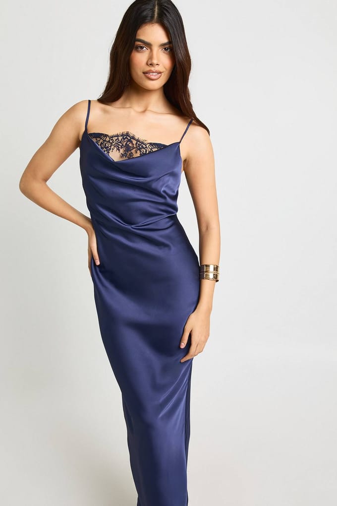 boohoo Dames Satijnkanten maxi slipjurk met cowl-hals | Midnight | Maat: 6