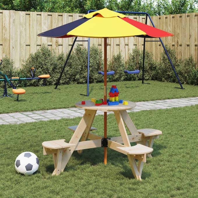 vidaXL - Picknicktafel - voor - 4 - kinderen - met - parasol - rond - vurenhout