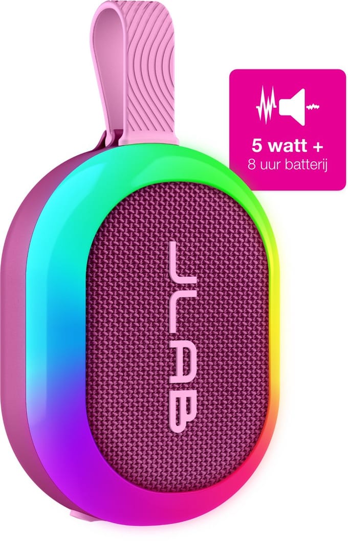 JLab Pop Mini Bluetooth Speaker Draadloos - Draagbare Muziekbox - 8 uur Batterijduur - 5 Watt - IPX6 Waterproof - Multipairing - Instelbare Party Lights - App Equalizer - Roze