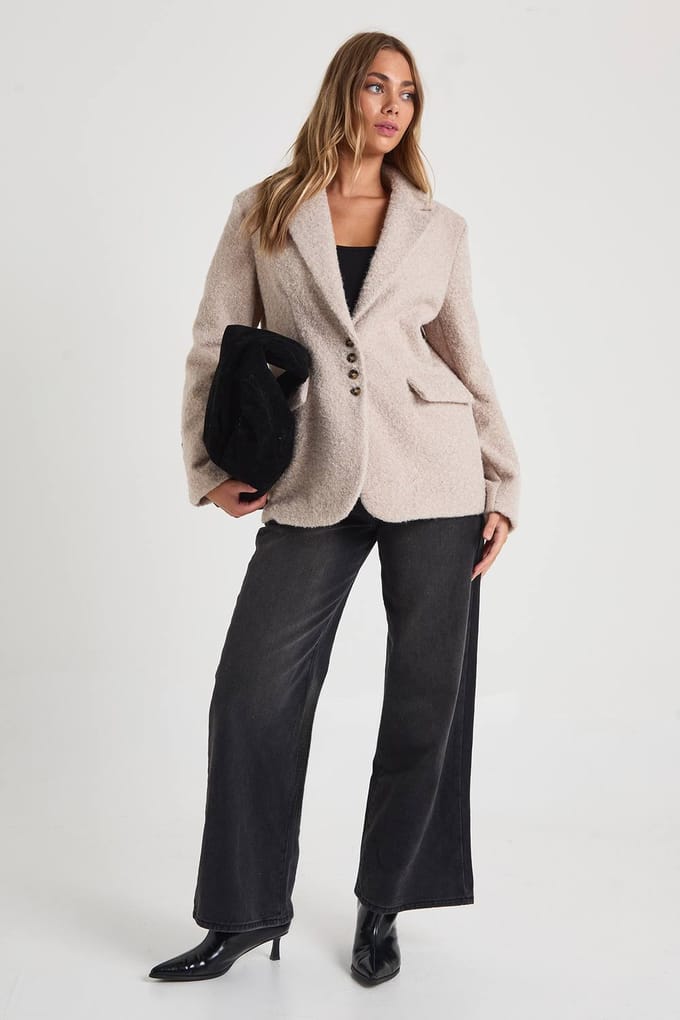 boohoo Dames Wollen-look pluizig oversized blazerjasje | Stone | Maat: 8