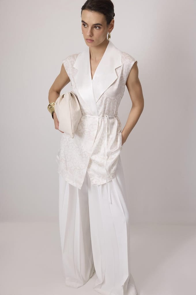 Touché Privé - Satijnen double-breasted gilet met print - Ecru - Dames