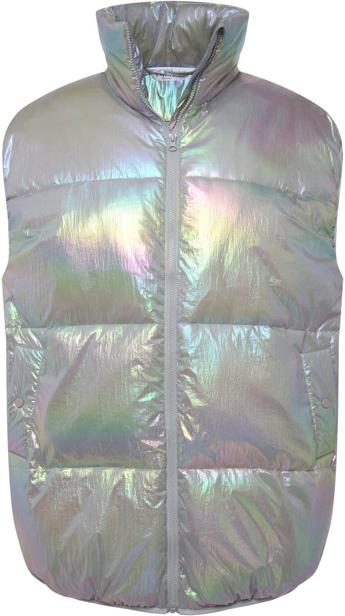Studio Untold - Dames - Gewatteerde bodywarmer oversized holografic-look rits180 - Zilver melange - Maat 50+