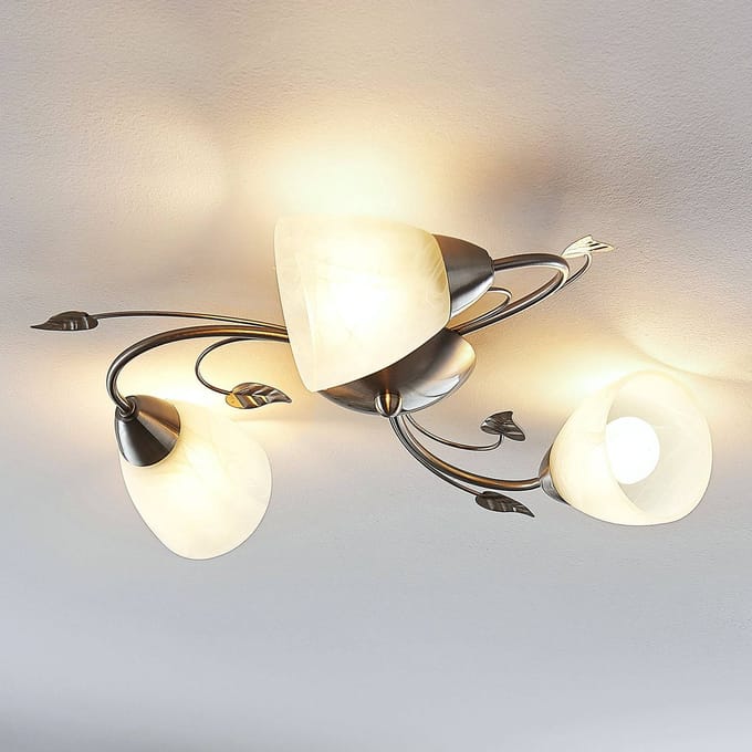 Lindby - plafondlamp - 3lichts - Metaal, glas - H: 13 cm - E14 - nikkel, wit