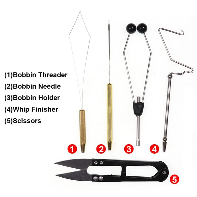 Vliegbindgereedschap Combo Kit Vliegbindbankschroef Spoelhouder Rijger Naald Zweep Afwerker Schaar 6pcs set black