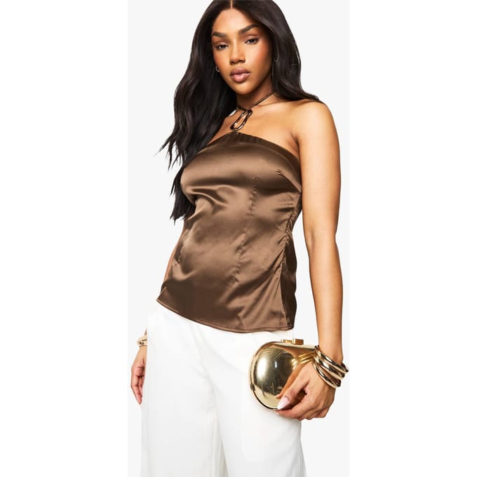 boohoo Dames Goudomlijnde Satin Halter Top | Chocolate | Maat: 10