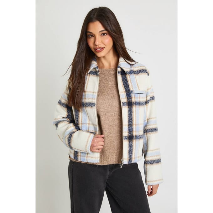 boohoo Dames Geruite Zip Wollen Look Jas | Blauw | Maat: 36