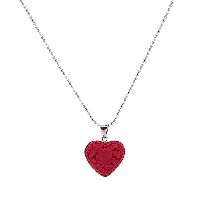 Heaven Eleven - dames ketting - ballchain RVS - rode hart - 74cm