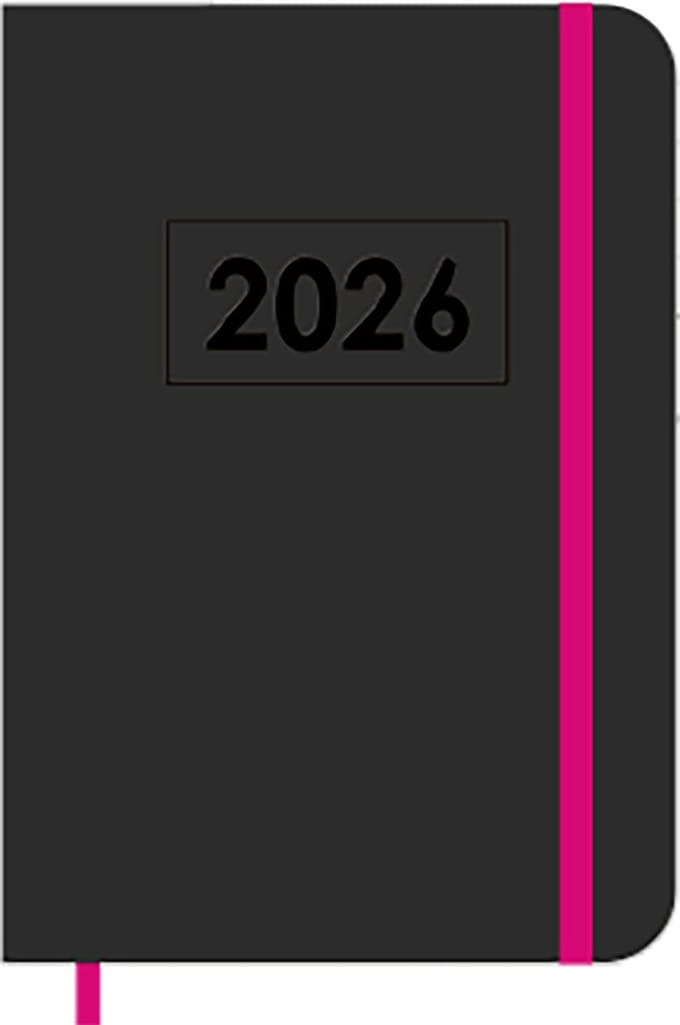 MGPcards - A6 Agenda 2026 - Sluiting Elastiek - Weekoverzicht 1w/2p - Zwart + Pink elastiek - Ruime vakken - 10,5 x 14,8 cm