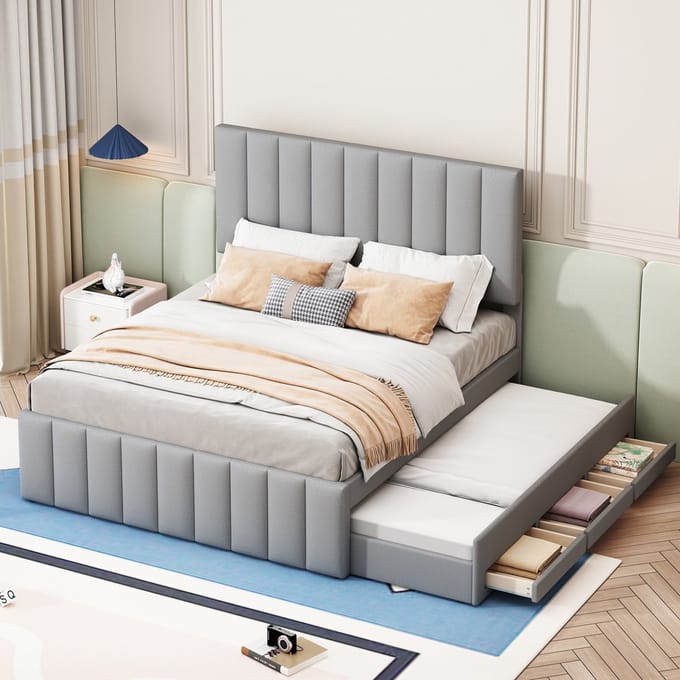 Gestoffeerd Bed - 140x200 cm - Uittrekbaar + Laden Multifunctioneel Bed - Kinderbed / Gastenbed - Grijs Linnen