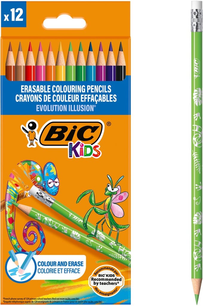 BIC Kids Evolution Illusion Uitwisbare Kleurpotloden - Diverse Kleuren- Verpakking van 12