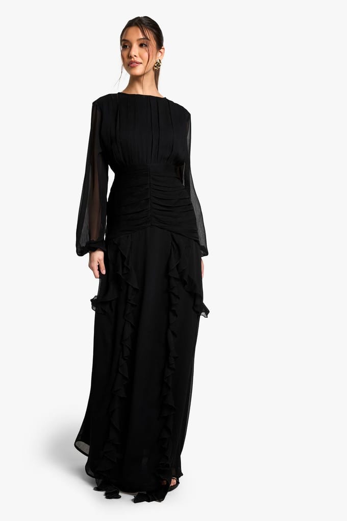 boohoo Dames Geplooide Chiffon Maxi Jurk Met Ruches | Zwart | Maat: 38