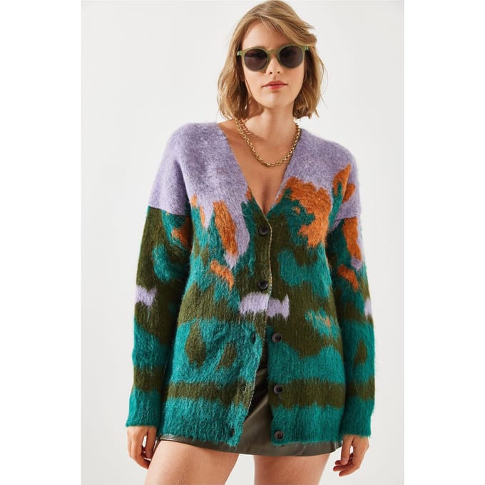 Lange Dikke Jacquard Cardigan met Knoopsluiting