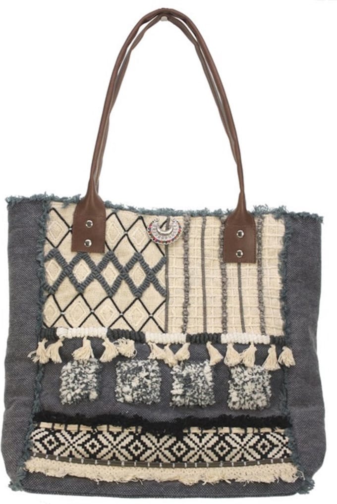 Tas XL stonewash blue denim leren hengsels 40 x 35 cm