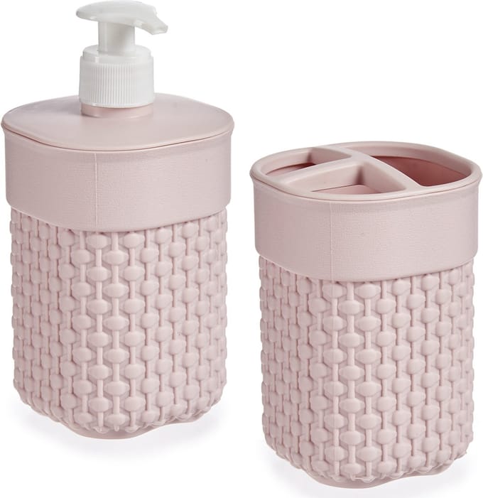 Berilo Badkamer accessoires set - 2-delig roze - kunststof - Zeeppompje - Tandenborstelbeker