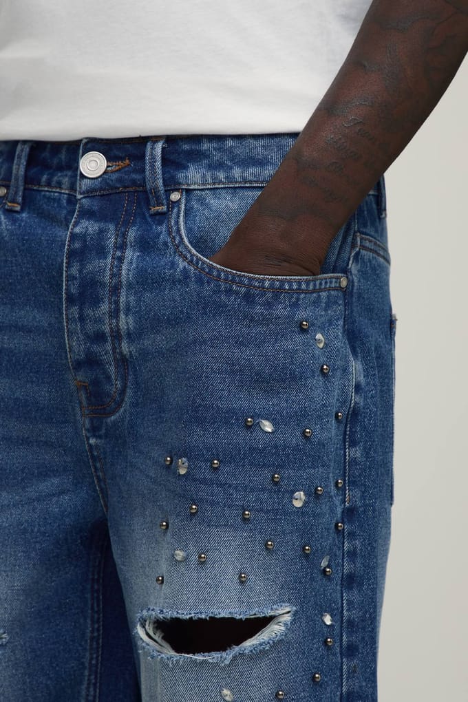 Relaxed Rhinestone Embellished Ripped Denim Shorts | Mid Blue | Size 52