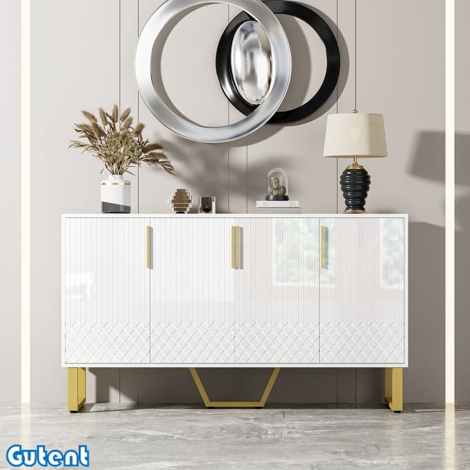 Gutent Dressoir-4 Deuren-Metalen Handgrepen en Poten-Wit-Geometrisch Ontwerp-140 L*40 B*80 H